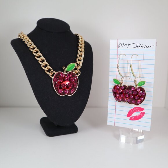 BETSEY JOHNSON Red Crystal Apple Pendant Necklace and Earrings Bundle NWT - Picture 1 of 7